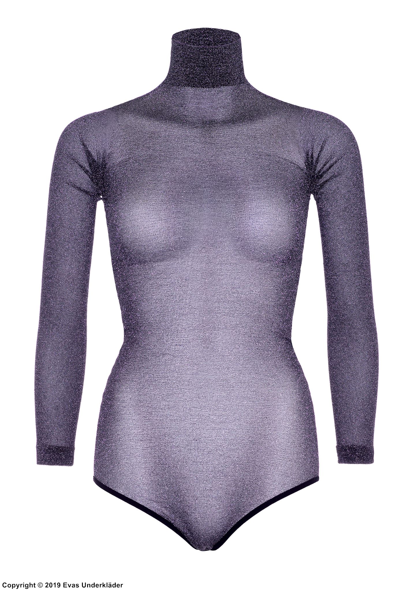 Langärmliger Body, durchsichtiges Netz, schimmernder Lurex, Rollkragen